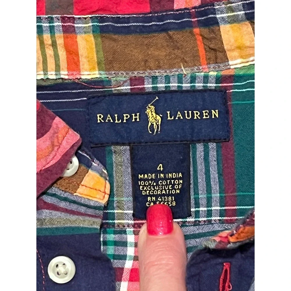 Ralph Lauren Plaid Shirt Kids Size 4 Multi Color Button Down Short Sleeve Madras